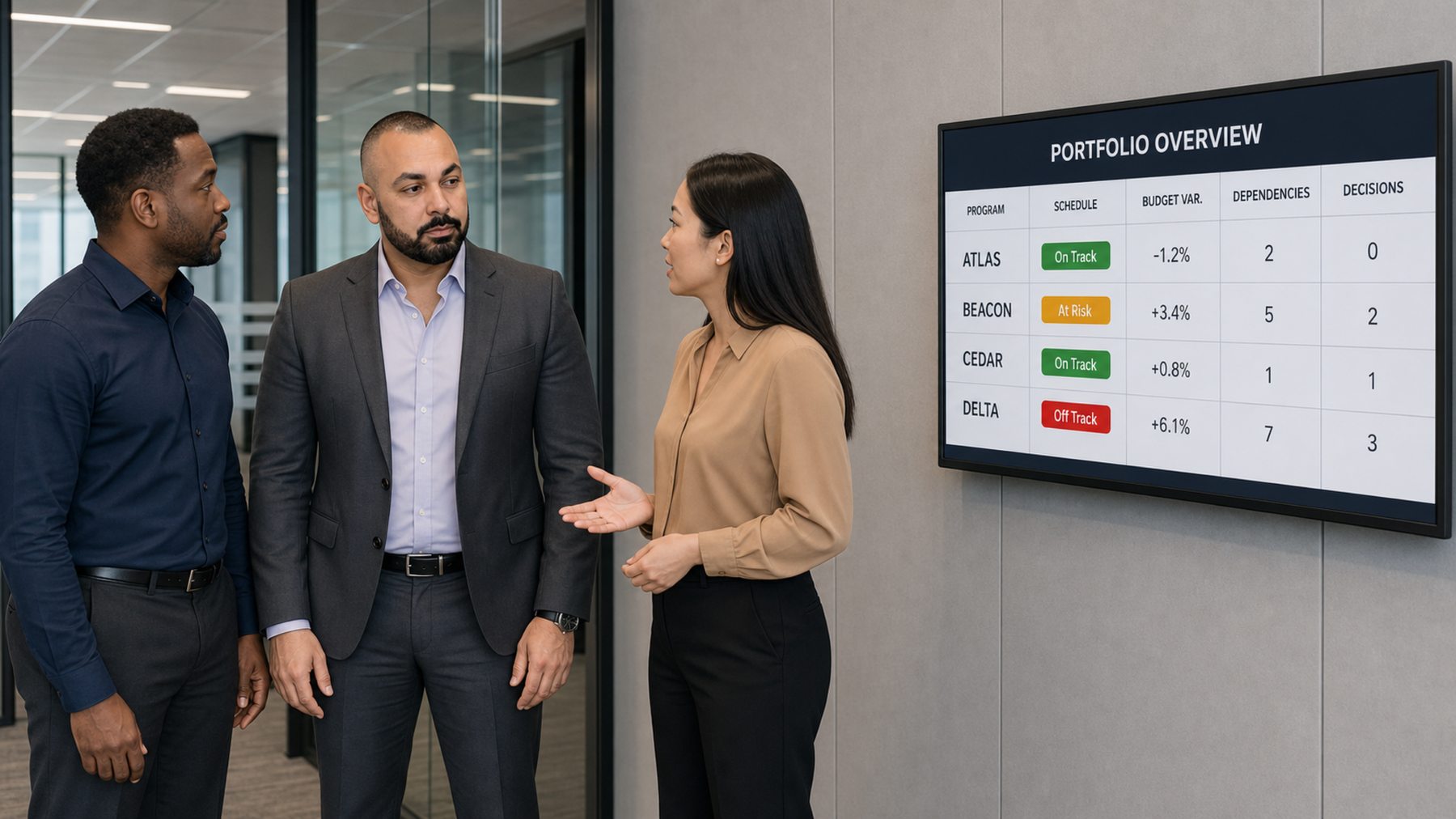 Rahim Syed reviewing a portfolio overview board showing program status, budget variance, dependencies, and decisions due