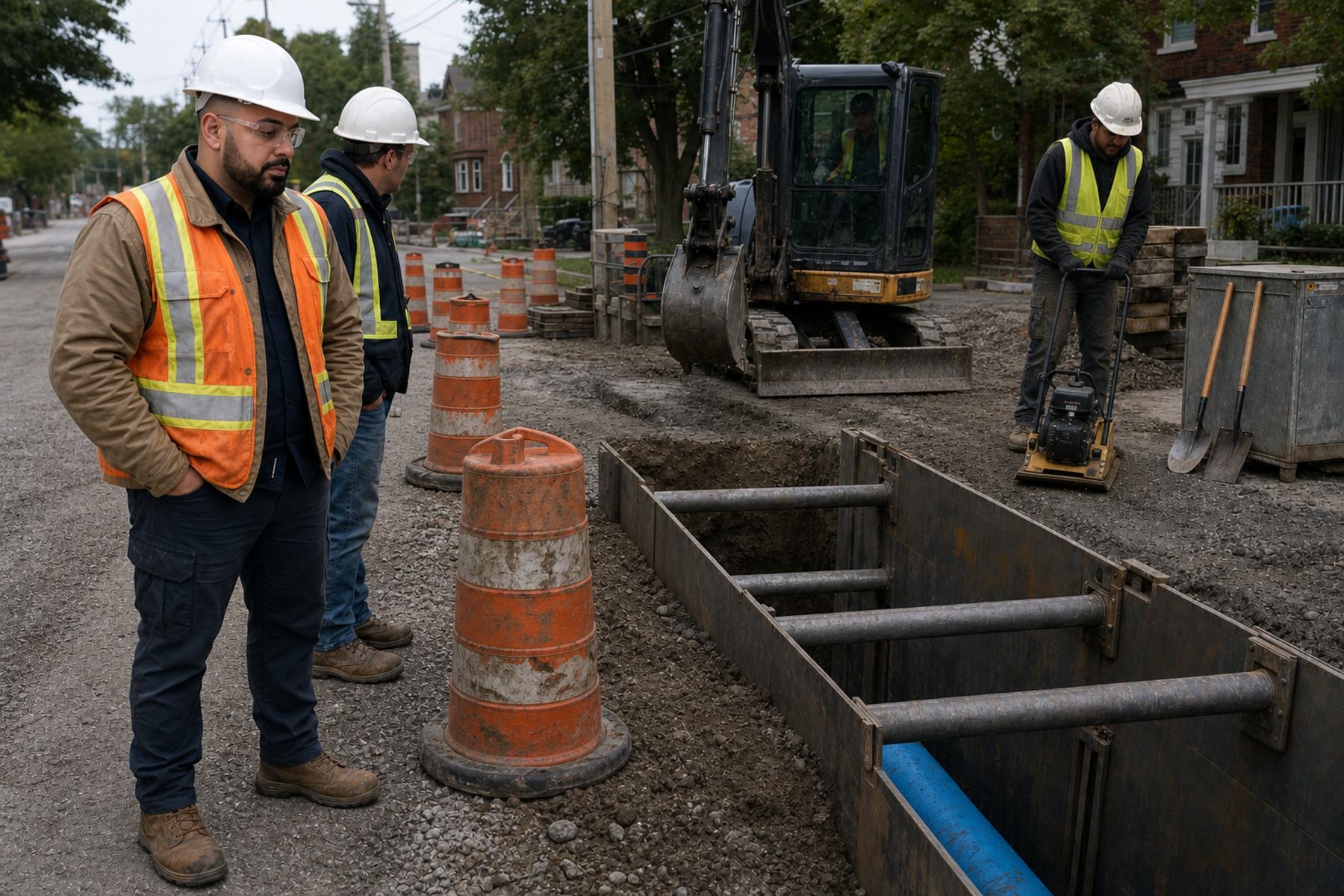 Rahim Syed inspecting a shored watermain trench with the delivery crew on a municipal street
